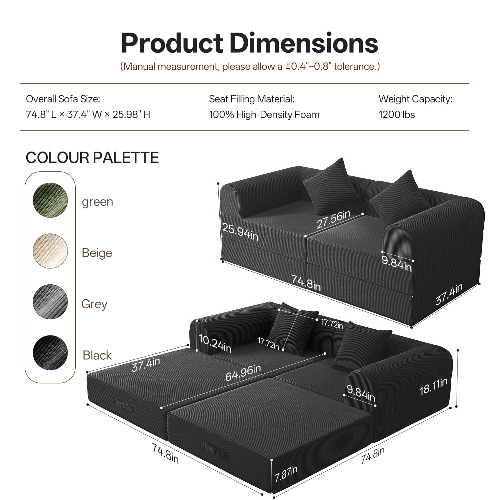 74.8’’Convertible Futon Sofa Bed, Boneless Couch for Living Room | Corduroy Boneless Loveseat Sleeper Sofa, Modular Futon Couch with 2 pillow, Pull Out Couch No Assembly | Black