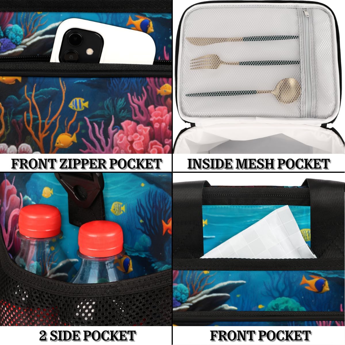 Coral Fish Insulated Picnic Backpack Lunch Box for Women Men Picnic Basket Tote Lunch Bag Picnic Bag Portable Lunch Bags for Picnic, Beach, Work, Trip,Office, Camp Under The Sea World