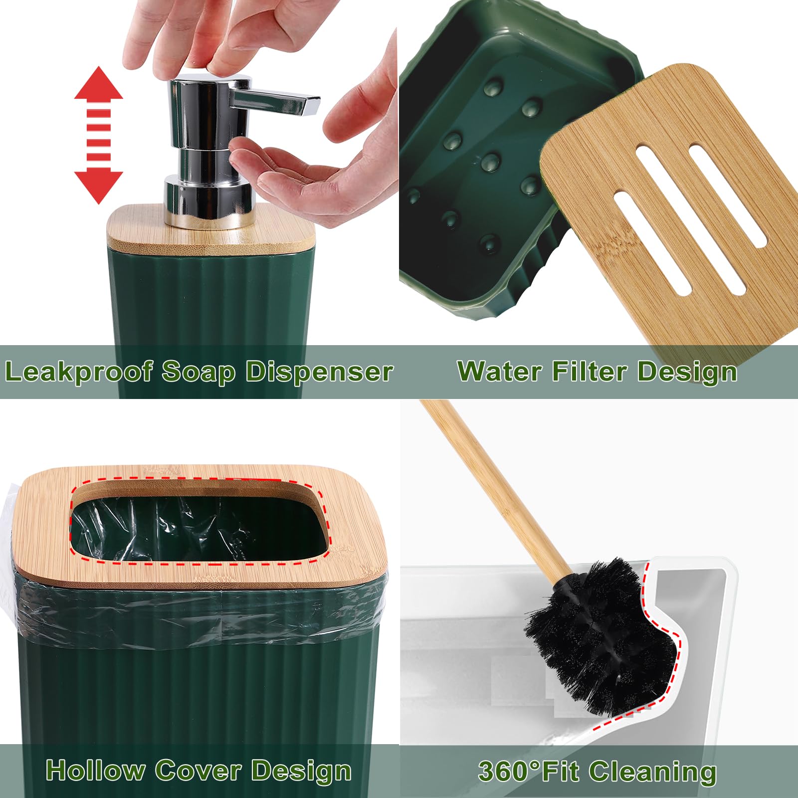 Badezimmer-Zubehör-Sets komplett, 9-teiliges dunkelgrünes Badezimmer-Zubehör mit Mülleimer, Schminktischtablett, Seifenspender, Seifenschale, Zahnputzbecher, WC-Bürste und Qtip-Halterungen