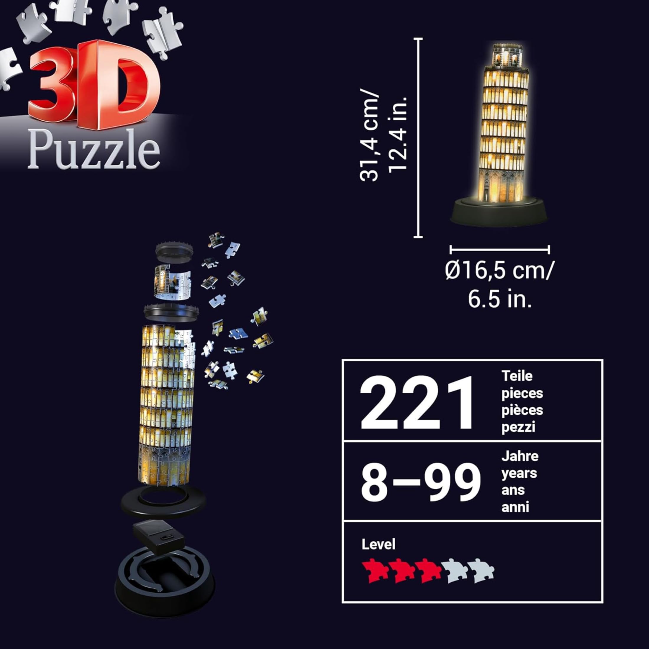 Ravensburger - Puzzle 3D Torre Di Pisa Notturna LED, 221 Pezzi