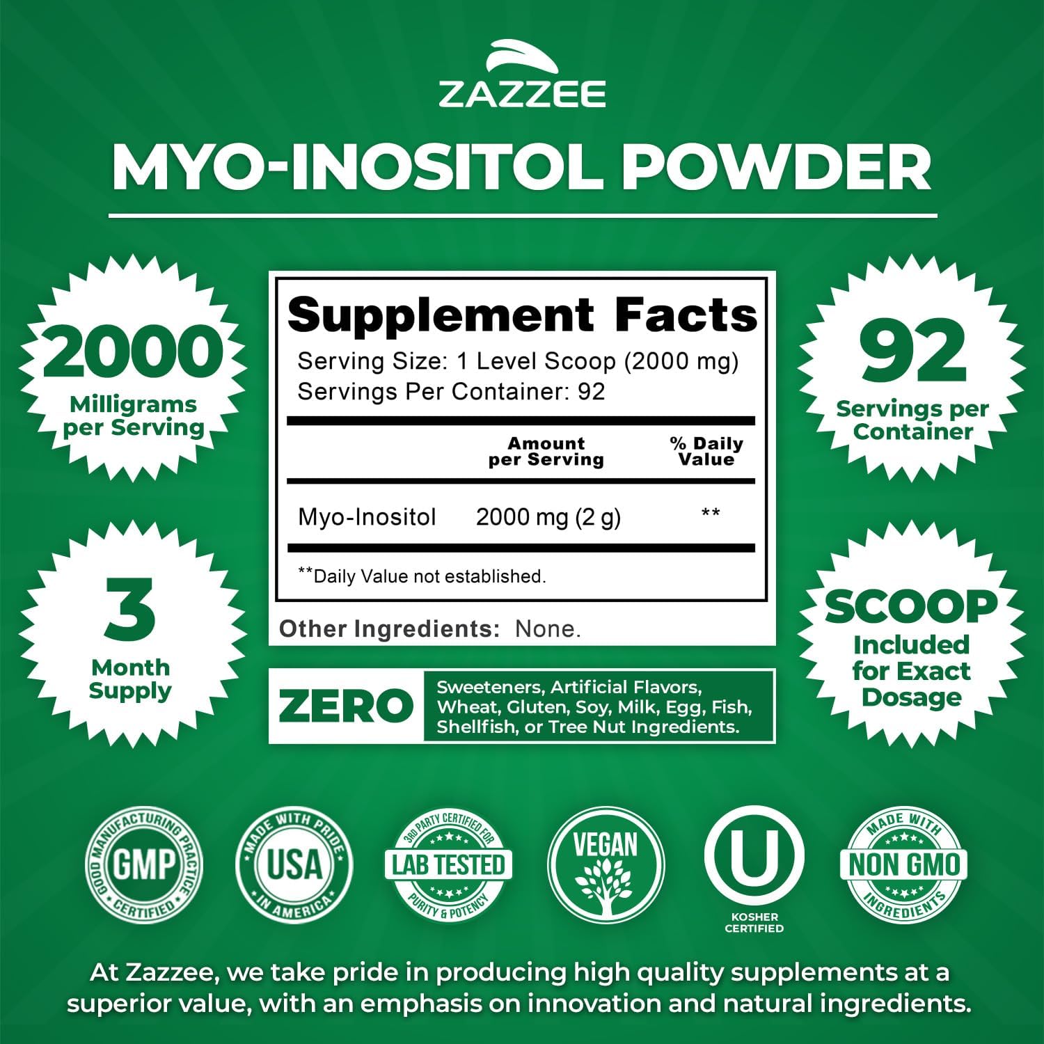 Zazzee Myo-Inositol Powder, 3 Month Supply, 92 Servings, 2000 mg per Serving, Free Scoop for Exact Dosage, 6.49 Ounces, Certified Kosher, 100% Pure, Fertility & Reproductive Support, Made in The USA - Image 2