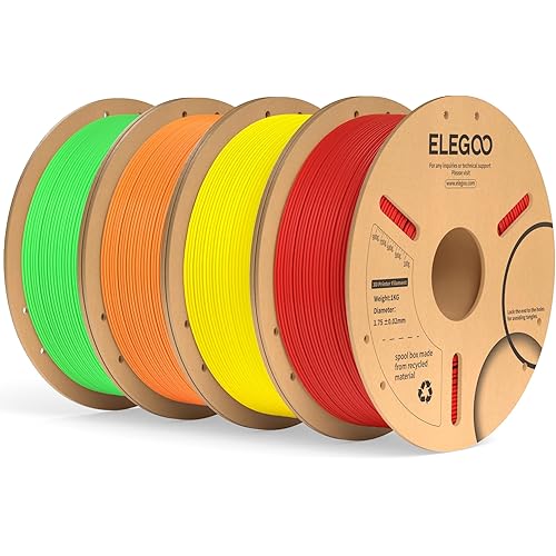 ELEGOO PLA Plus Filament 1.75mm Bundle 4KG, PLA+ Tough 3D Printer Filament Dimensional Accuracy +/- 0.02mm, 4 Pack 1kg Spool(Red, Yellow, Orange, Neon Green)