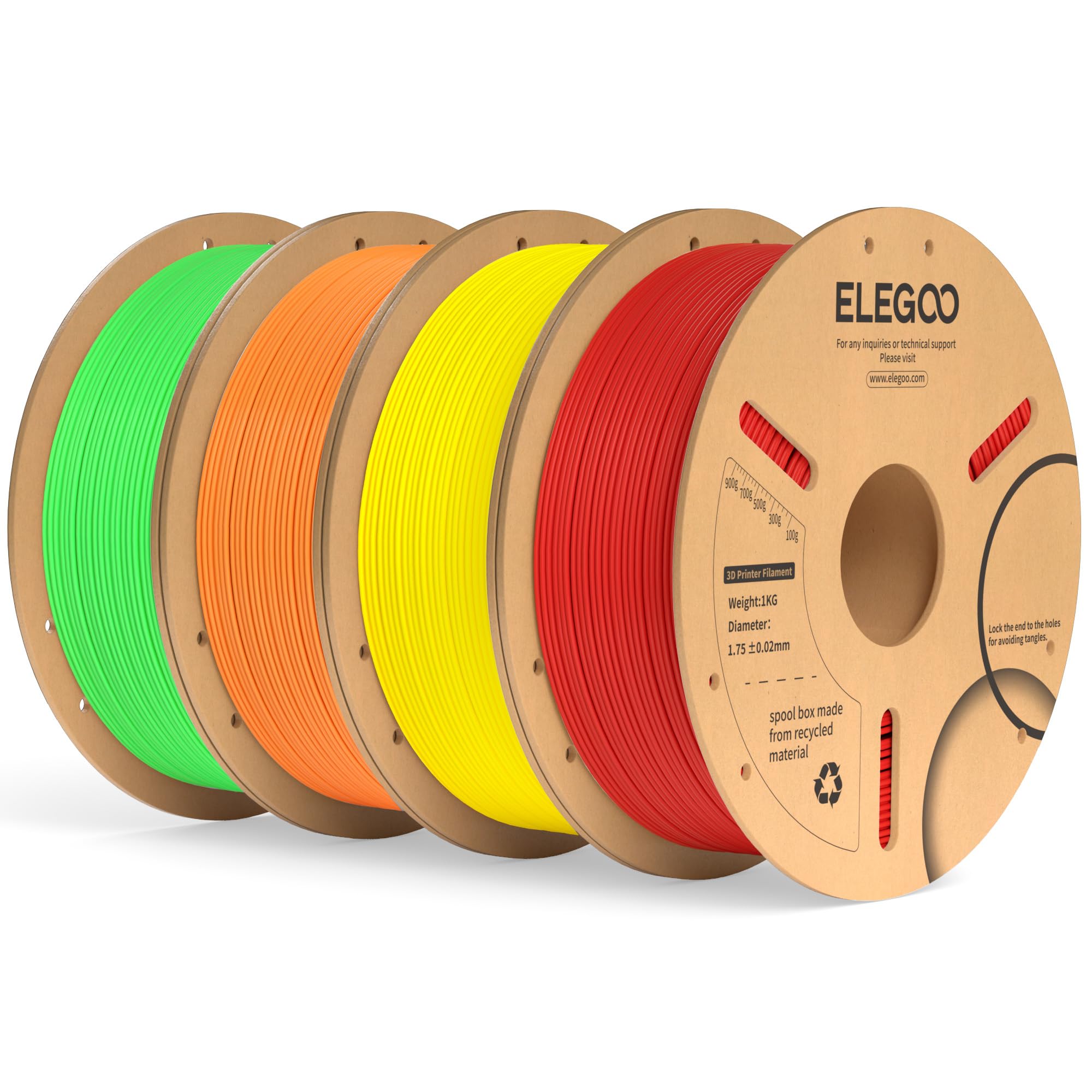 ELEGOO PLA Plus 3D Printer Filament 4KG Red/Yellow/Orange/Neon Green | 1.75mm PLA+ Filament Bundle, Tougher & Stronger, Dimensional Accuracy +/- 0.02mm, 4 Pack 1kg Spools for Most FDM 3D Printers
