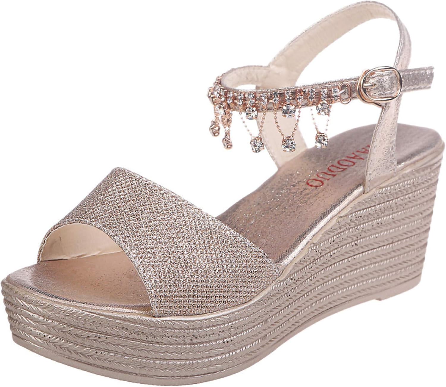 PMJAdd8s4 Womens Wedge Round Toe Rhinestone Wedges Beach Sandals Ladies