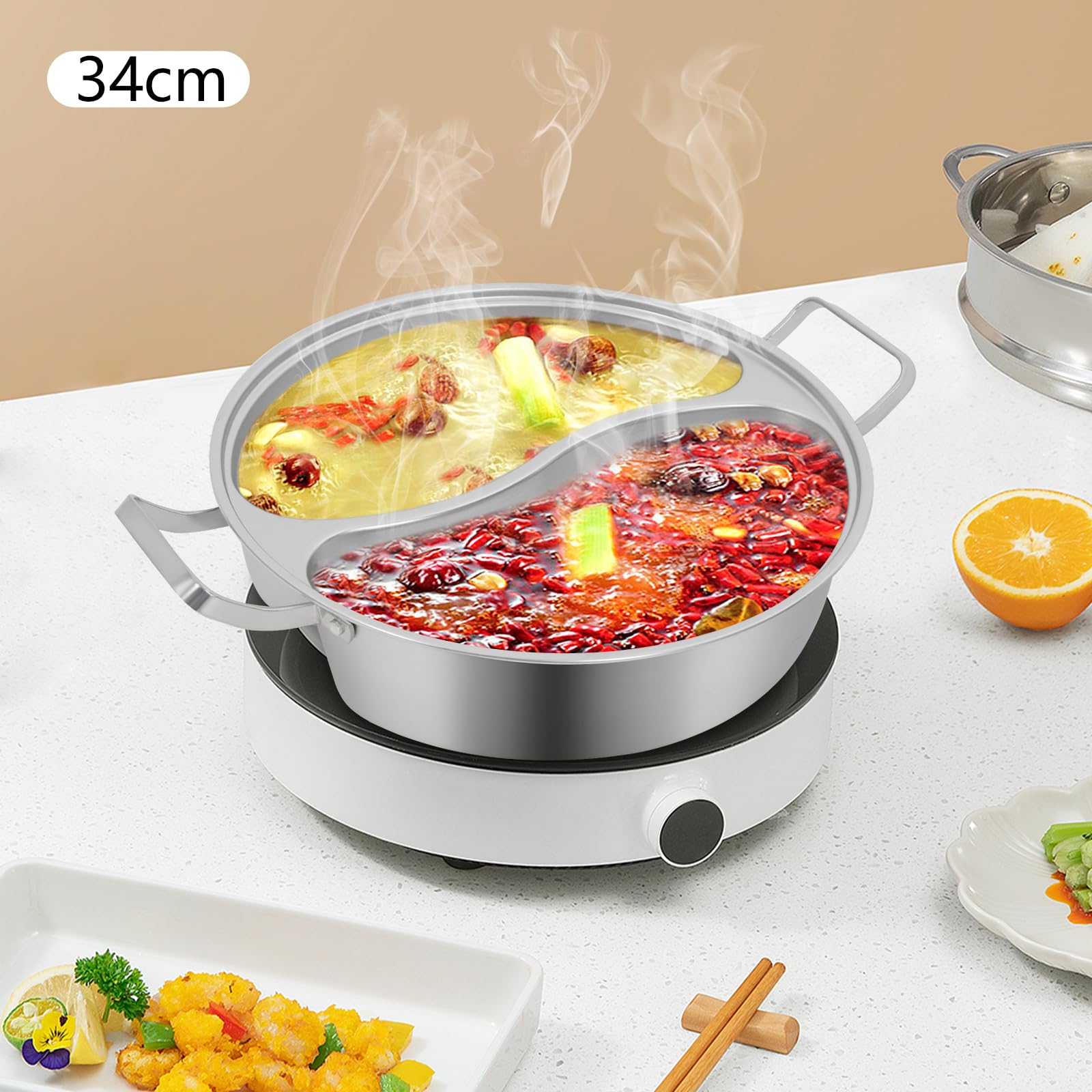 CNCEST Double-flavor Hot Pot, 5L/1.32Gal Hot Pot with Divider, Hots Pots with Clear Lid for Gas Hob, Induction Hob, Electric Ceramic Hobs For 5 Persons (13.4in)