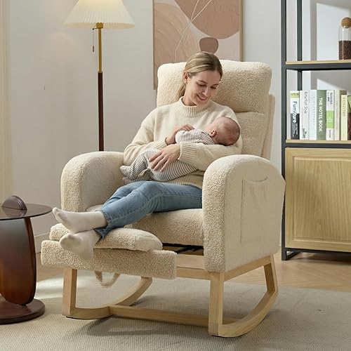 Miniatura 3 de NIOIIKIT Mecedora moderna para guardería, mecedora tapizada de peluche con reposapiés, cómoda reclinable con bolsillo lateral, balancín deslizante