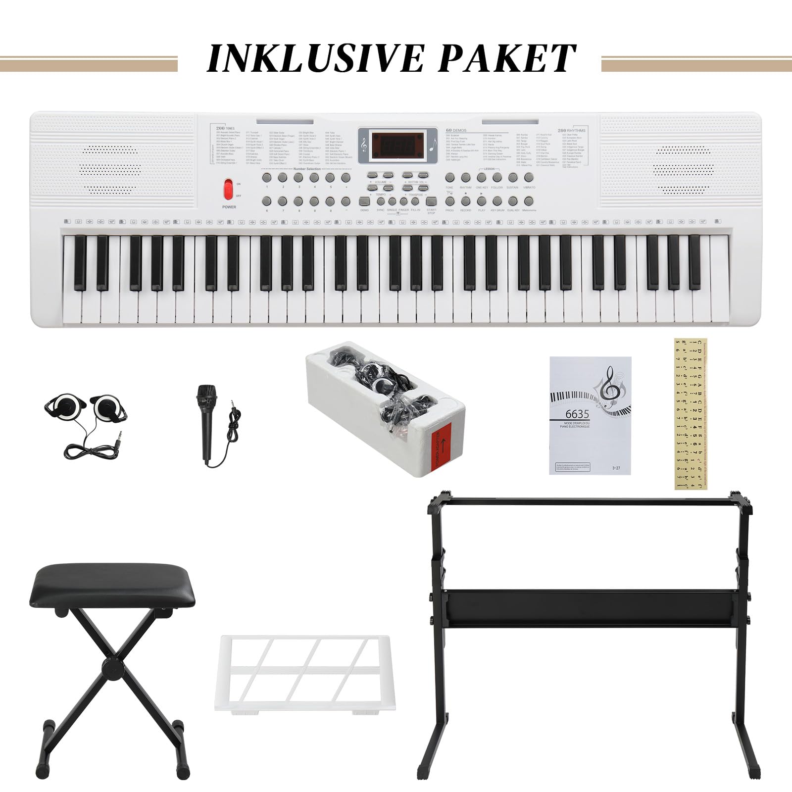 LEADZM Keyboard Pianoforte a 61 tasti, con supporto per tastiera, panca per pianoforte (bianco)