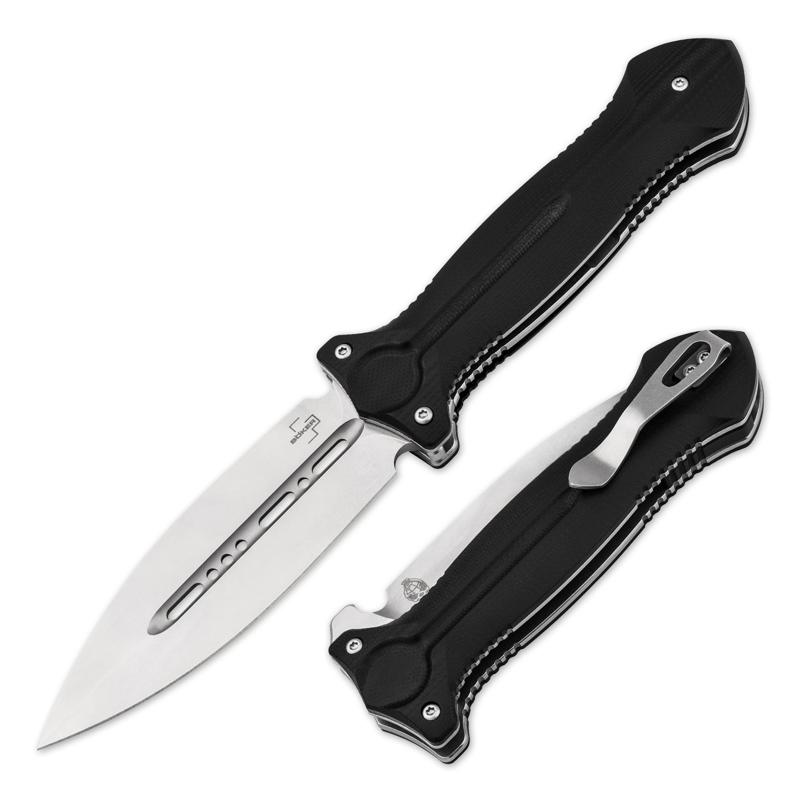 BÖKER PLUS® Cheus - Profi Flipper Taschenmesser mit VG-10 Stahl Dolch Klinge - taktisches Klappmesser - Tactical Linerlock Dagger Knife - 1 Hand Messer mit G10 Griff schwarz - Einsatzmesser mit Clip