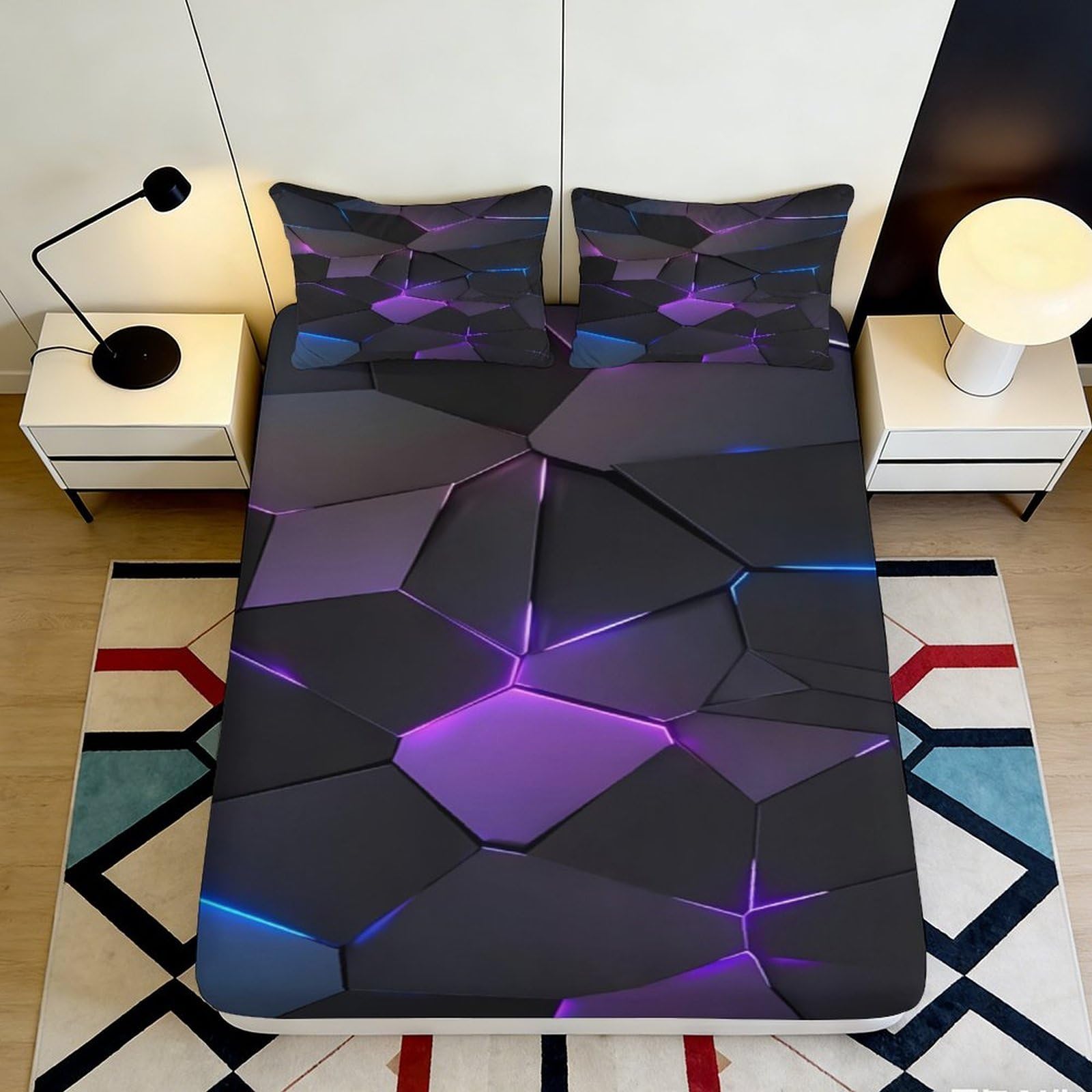Qjzxknhpgr Style-5 3D Printed Geometric Purple Fitted Sheet Microfiber Soft Black Blue Abstract Bed Cover For Bedroom Dorm Mattress Protection Decor 90X200x25cm