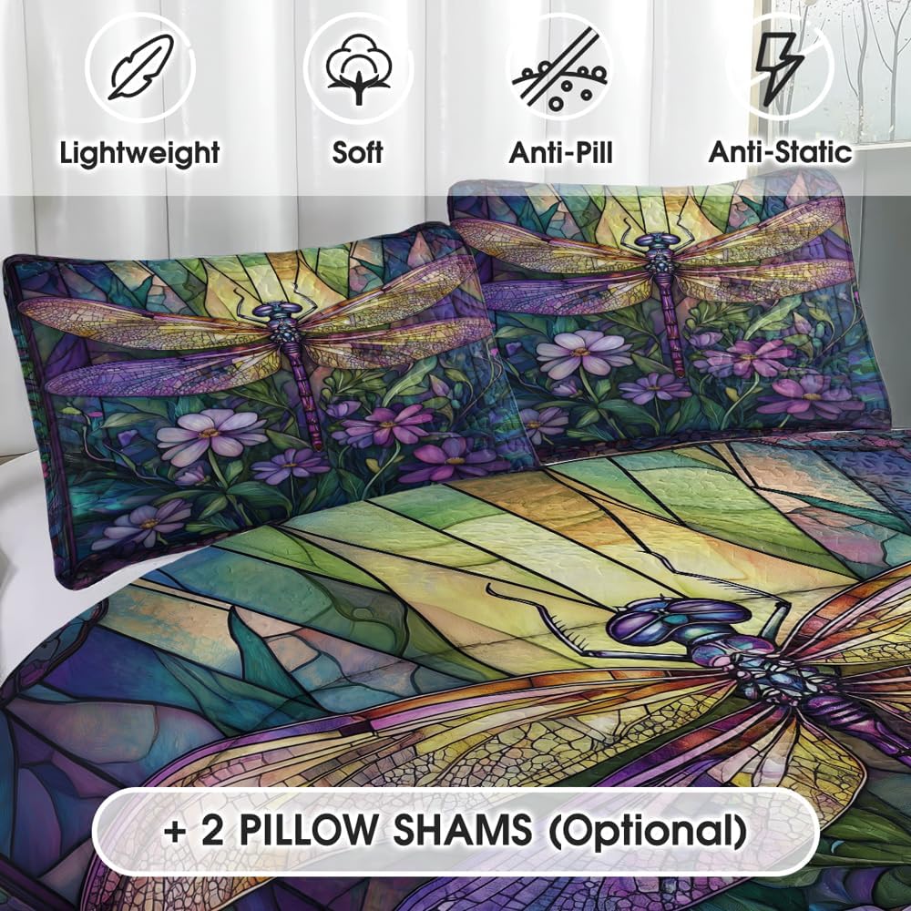 Patchwork Dragonfly Quilt Bedding Set, Dragonflies Throw Queen Twin Full Sizes, Patchwork Quilt for Girl Bedroom Decor, Soft Lightweight Comforter (Purple Flower Garden Patchwork Dragonfly)