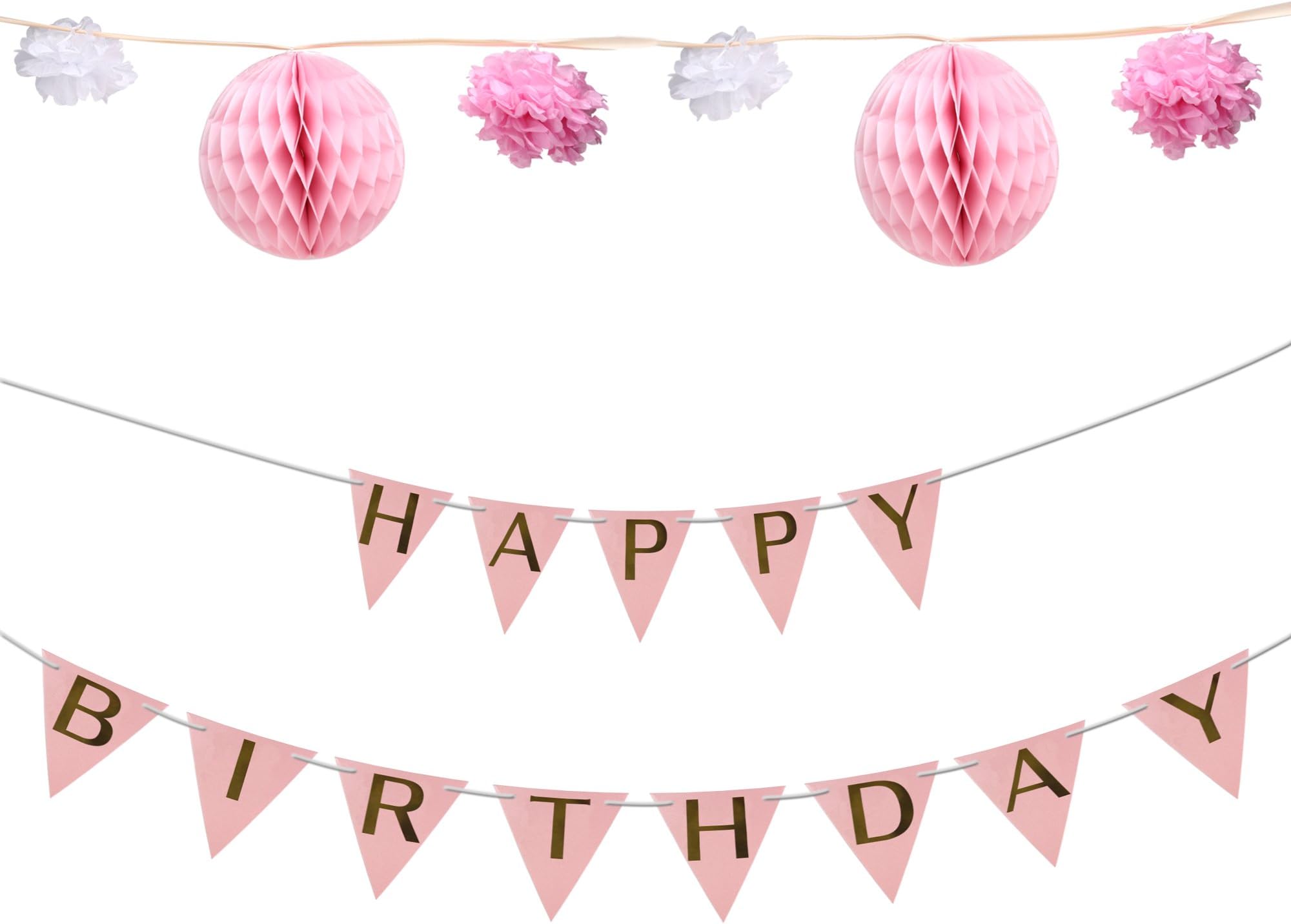 Wisehands Garlands Pack Party Decorations Artificial Flowers with Tissue Paper Pom Poms for Birthday,Pink with Gold Letters