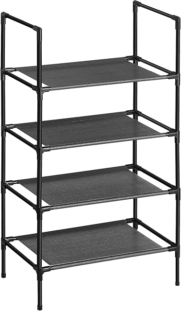 SONGMICS 4-Tier Shoe Rack, Shoe Storage Organiser with Metal Frame, Non-Woven Fabric Layer, for Hallway, Bedroom, Living Room, 45 x 28 x 80 cm, Black LSR004B02