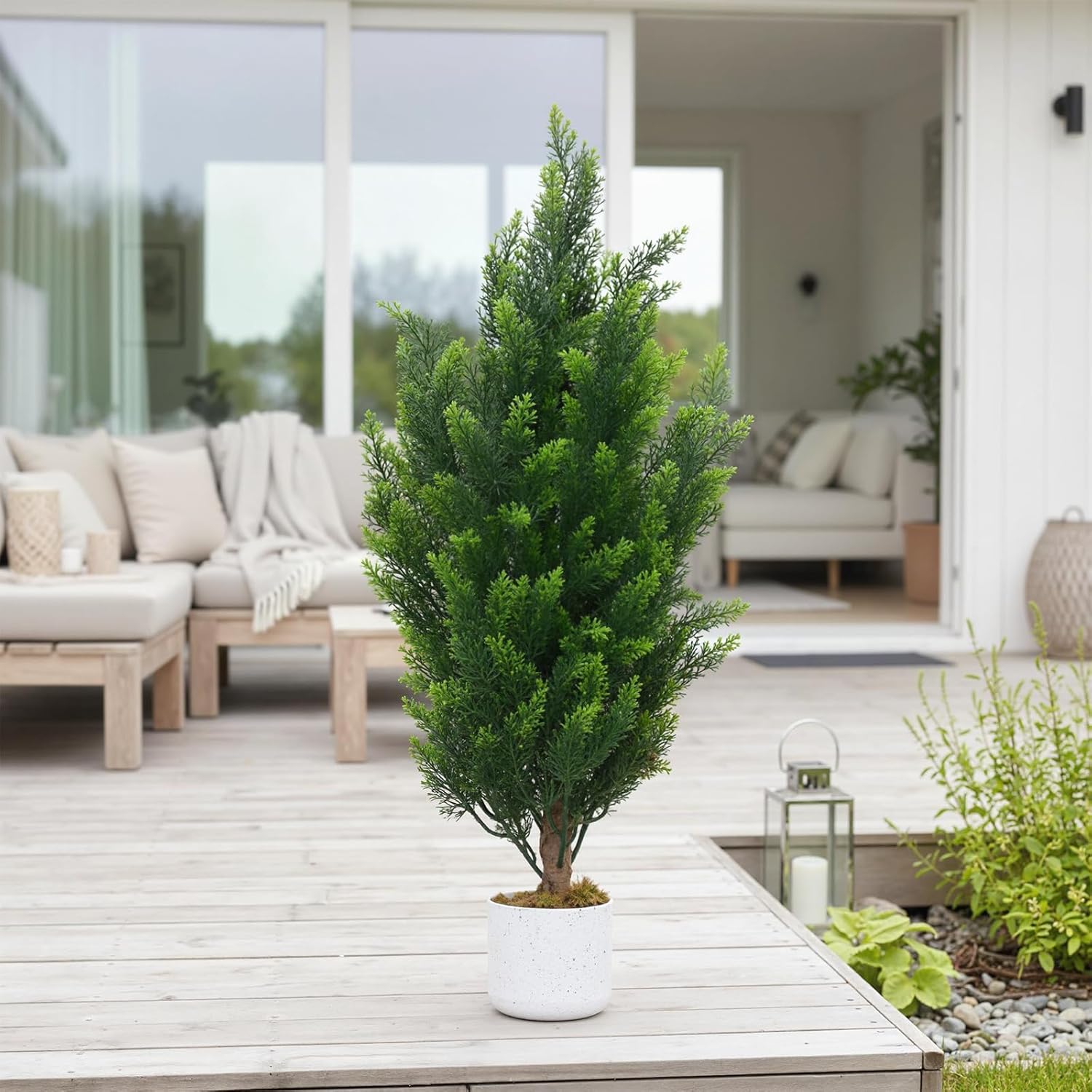 Set of 2 Realistic Artificial Cedar Topiary Trees – 3FT UV Resistant Faux Spiral Pine Shrubs in Cement Planters for Indoor & Outdoor Porch, Entryway & Office Decor