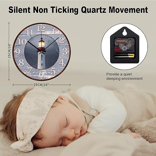 Miniatura 10 de Lighthouse - Reloj de pared redondo vintage silencioso de 15 pulgadas, sin tictac, funciona con pilas, faro costero de verano, estilo rústico,