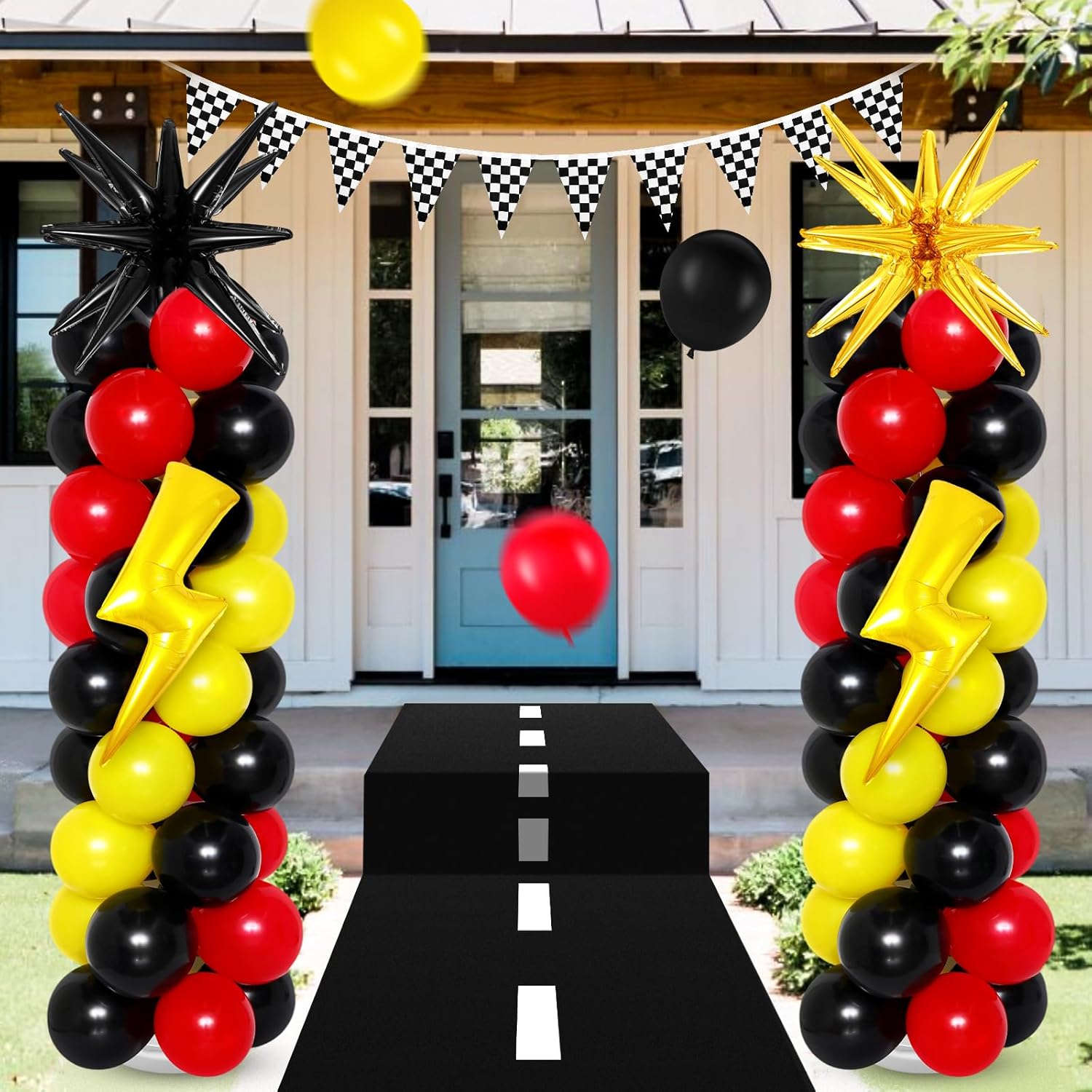 Seematn 2 Set Cartoon Theme Balloon Column Stand Kit with Lightning Explosion Star Foil Balloons Black Red Yellow Balloon Arch for Birthday Cartoon Animation Drawstring Party Baby Shower Supplies