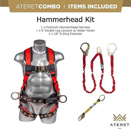 Miniatura 7 de Palmer Safety Kit de protección contra caídas, arnés de seguridad de 5 puntos, cordón de doble pierna de 6 pies, extensor de anillo en D de 18