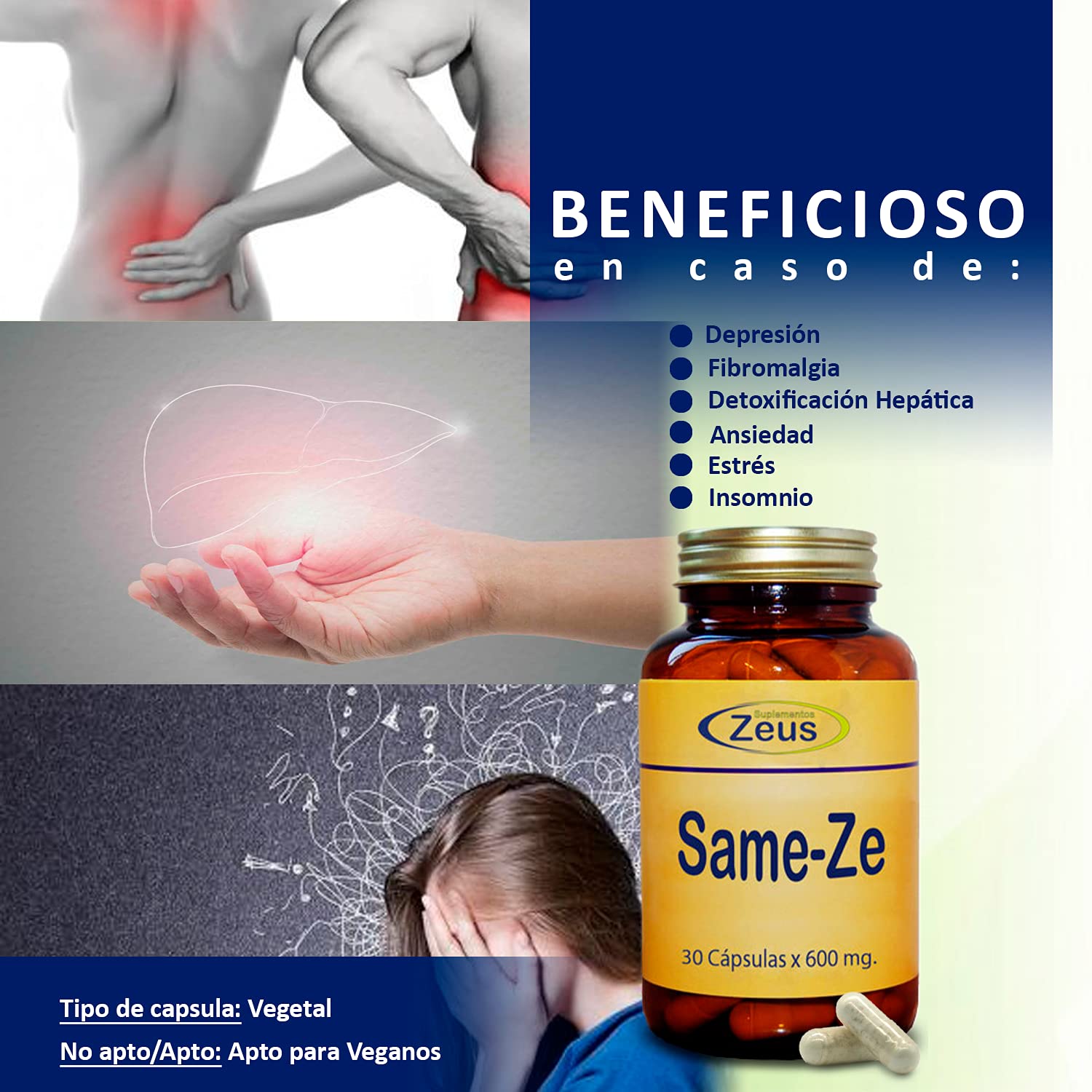 Suplementos Zeus SAME-ZE | Contribuye al funcionamiento normal del sistema nervioso | Complemento Alimenticio a base de SAMe, GABA y Vitaminas | 100% Vegano | 30 Cápsulas Vegetales