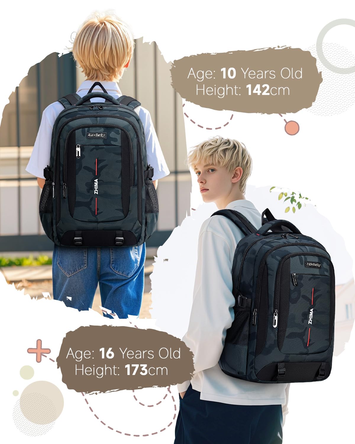 Amythe Schulrucksack Jungen Teenager 3-teilig Camouflage Grün | Set: Rucksack + Umhängetasche + Stifttasche. Wasserabweisender Schulranzen für Jungen der 3. - 7. Klasse, Große Kapazität