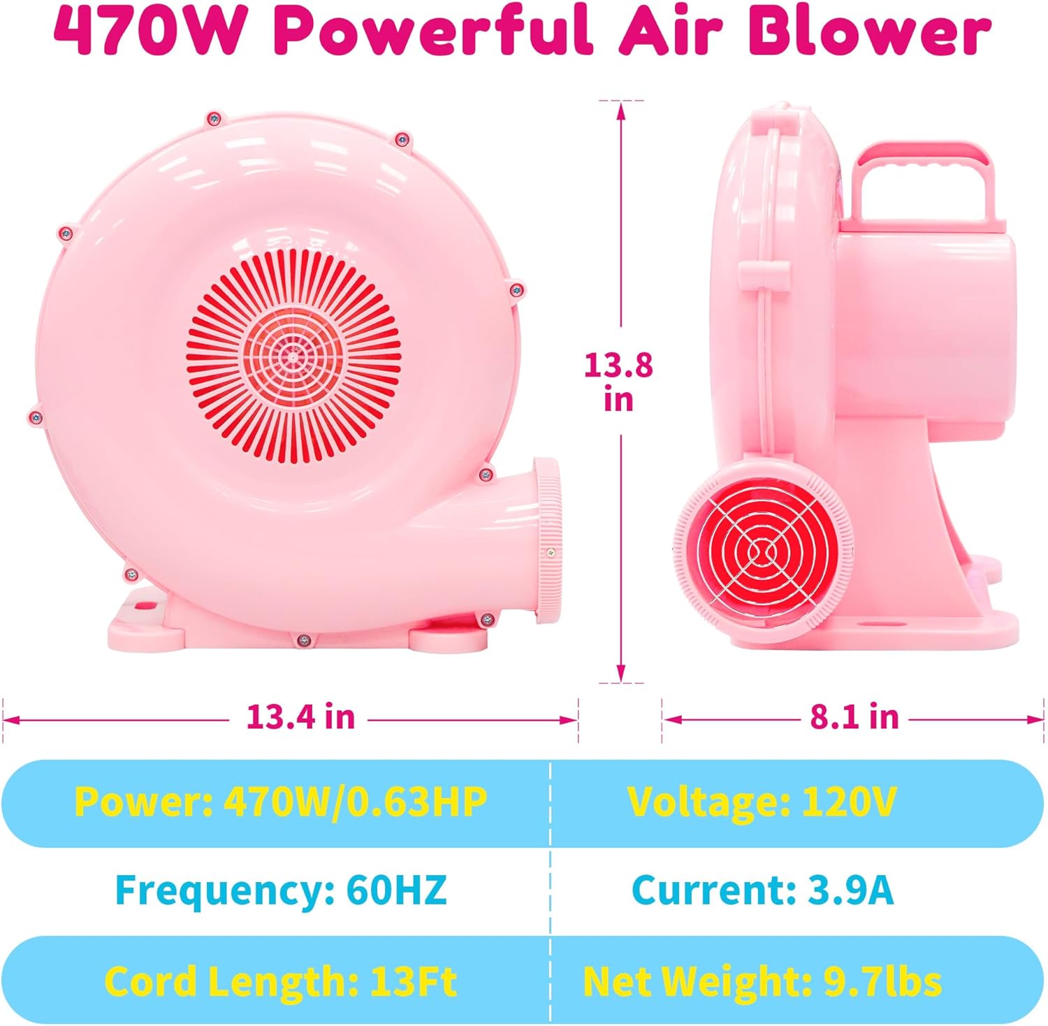 Inflatable Air Blower, Bounce House Blower, Portable Blower for Bouncy Castle, Water Slide Park, Powerful Electric Blower Fan Pump for Inflatables Indoor Outdoor (470W 0.63HP)