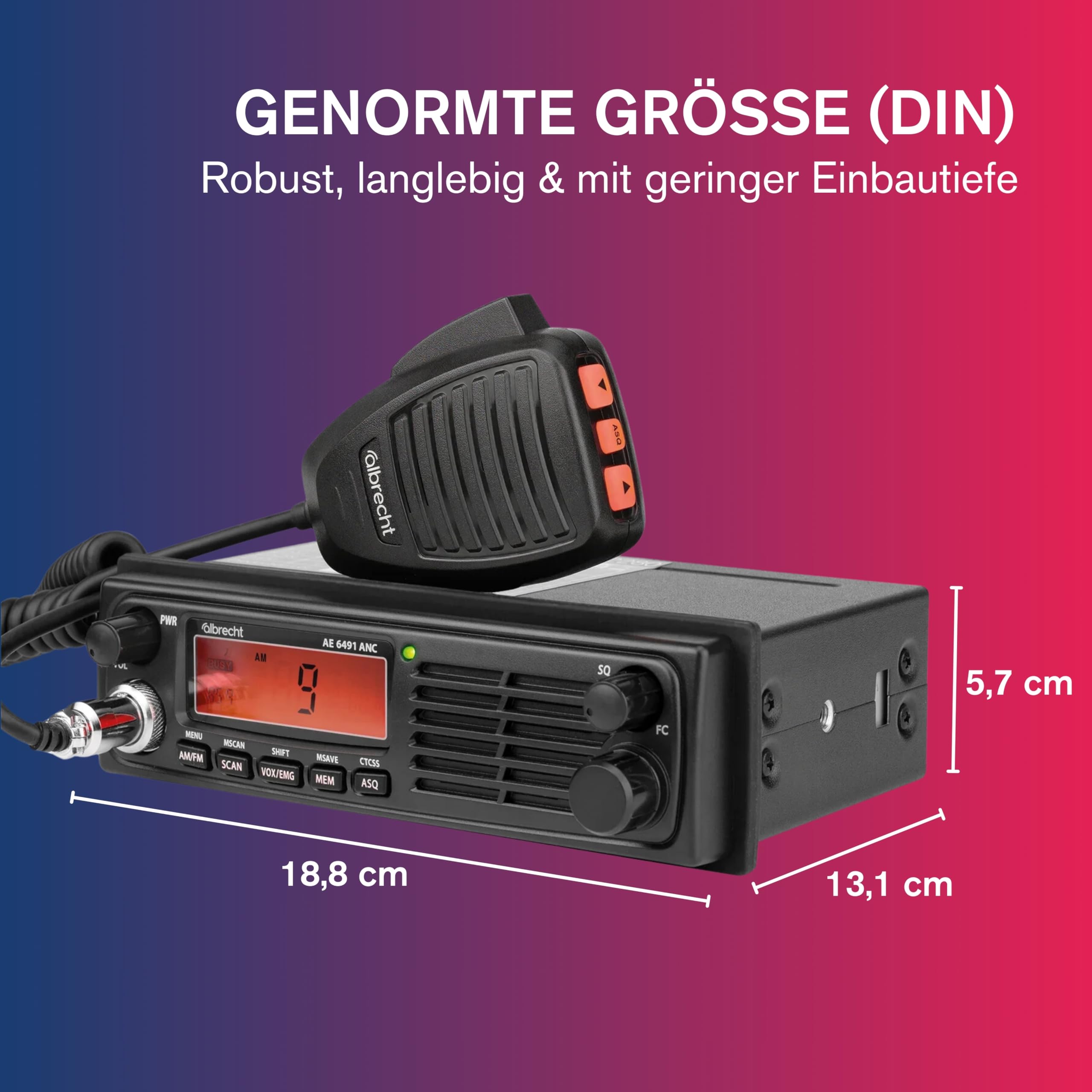 Albrecht AE 6491 ANC CB-Funkgerät, mit VOX Freisprechfunktion, ANC & NRC Geräuschfilter für Beste Audioqualität in Auto & LKW, CB-Funk mit CTCSS, schwarz