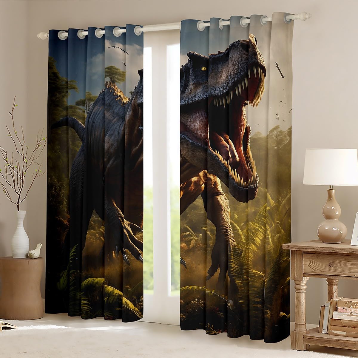 Erosebridal Dinosaur 30%-50% Blackout Curtains for Kids Jungle Animal Curtains 3D Dinosaur Pattern Curtains & Drapes Wildlife Style Window Curtains 38''Wx54''L