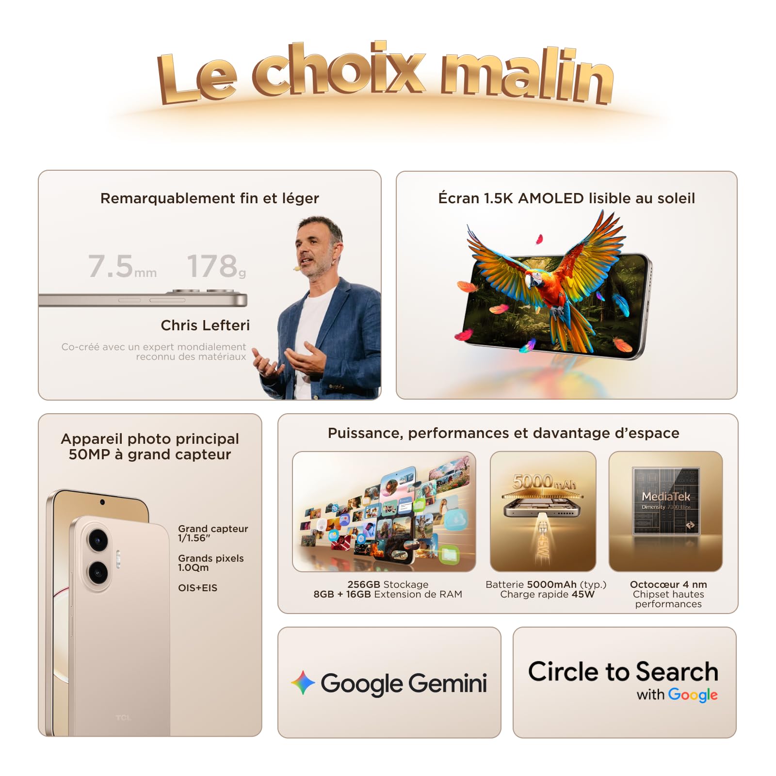 Smartphone TCL P80 5G Design Fin 6,83'' 1.5K AMOLED OIS 50MP 256Go Or