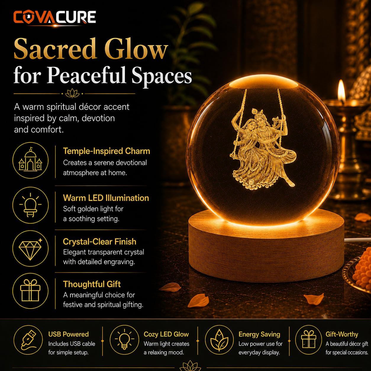Radha Krishna Swing Crystal Ball Night Lamp - USB LED -5