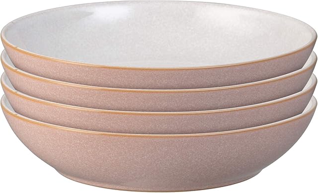 Denby - Elements Sorbet Pink Pasta Bowls Set of 4 - Dishwasher Microwave Safe Crockery 1050ml 22cm - Pale Pink, White Ceramic Stoneware Tableware - Chip & Crack Resistant