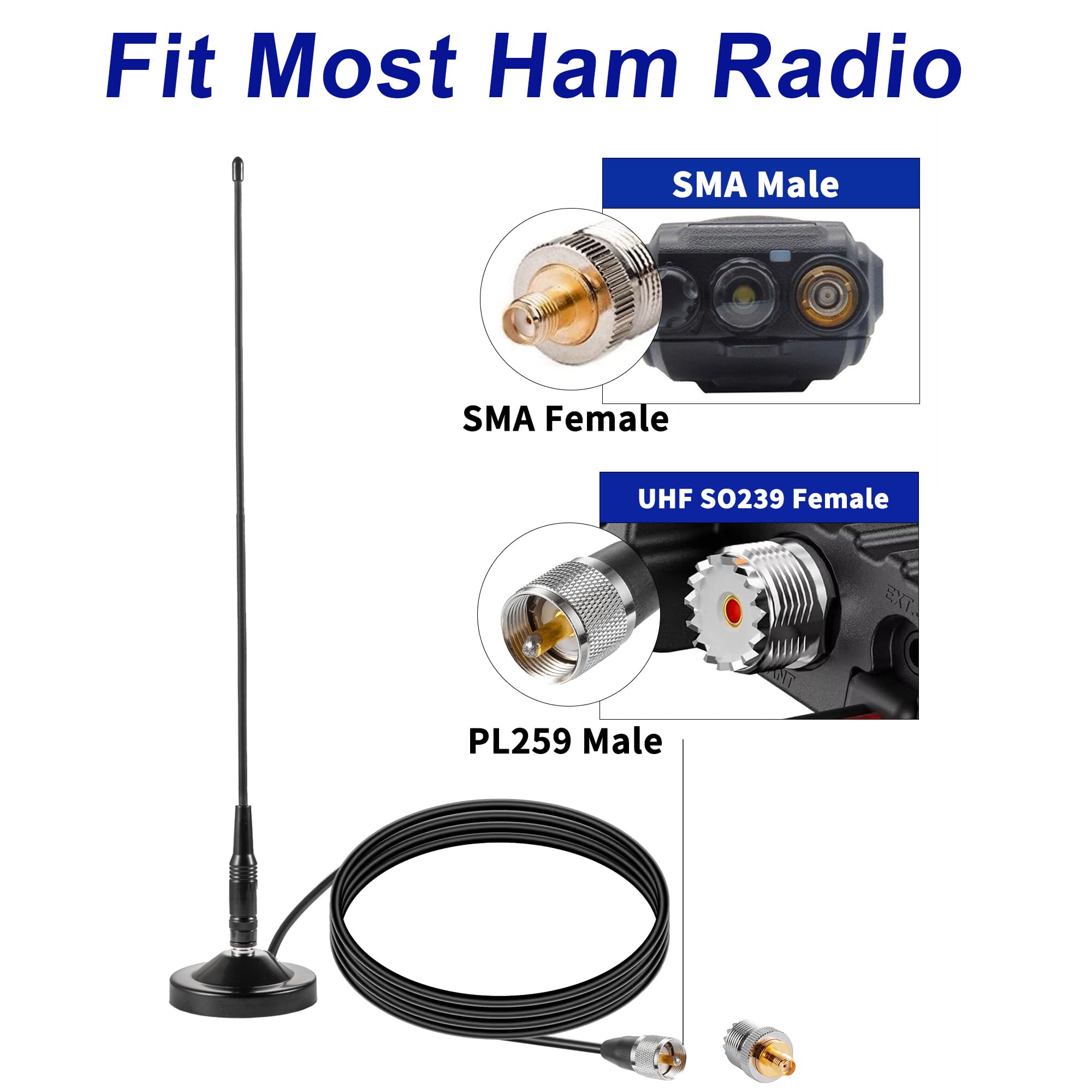Antenna mobile per auto GMRS, antenna a frusta morbida, UHF VHF 136-174 MHz, 400-470 MHz, 2 metri, 70 cm, antenna con base magnetica per Motorola Kenwood Midland BTECH e BaoFeng Mobile Radio, Eifagur