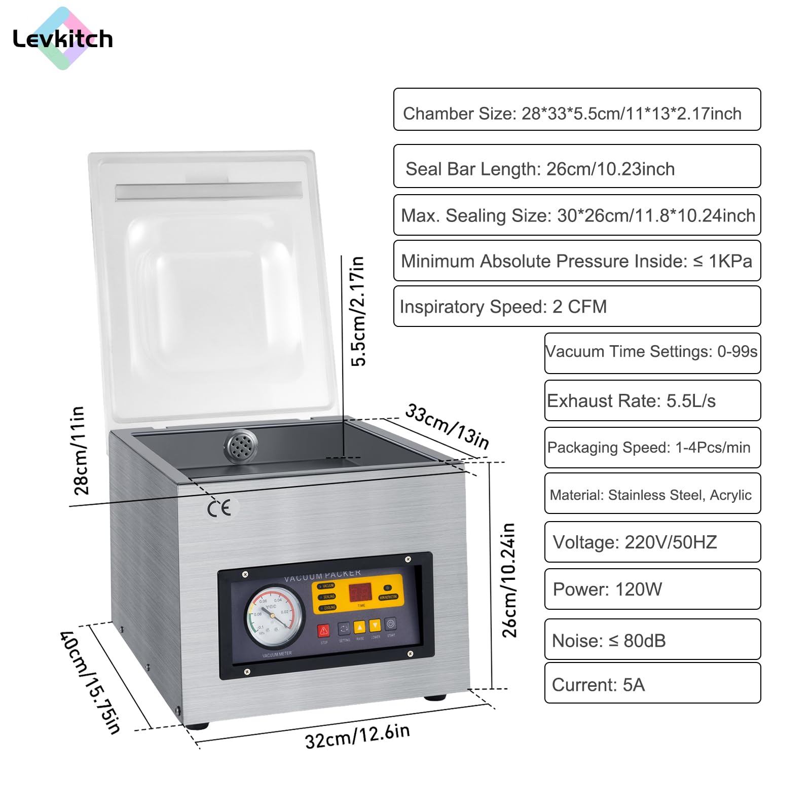Envasadora al vacío 120W Sellador al Vacío de acero inoxidable Máquina Selladora de Cámara 30x25cm de Máx. Tamaño de Sellado, Hogar, Supermercado