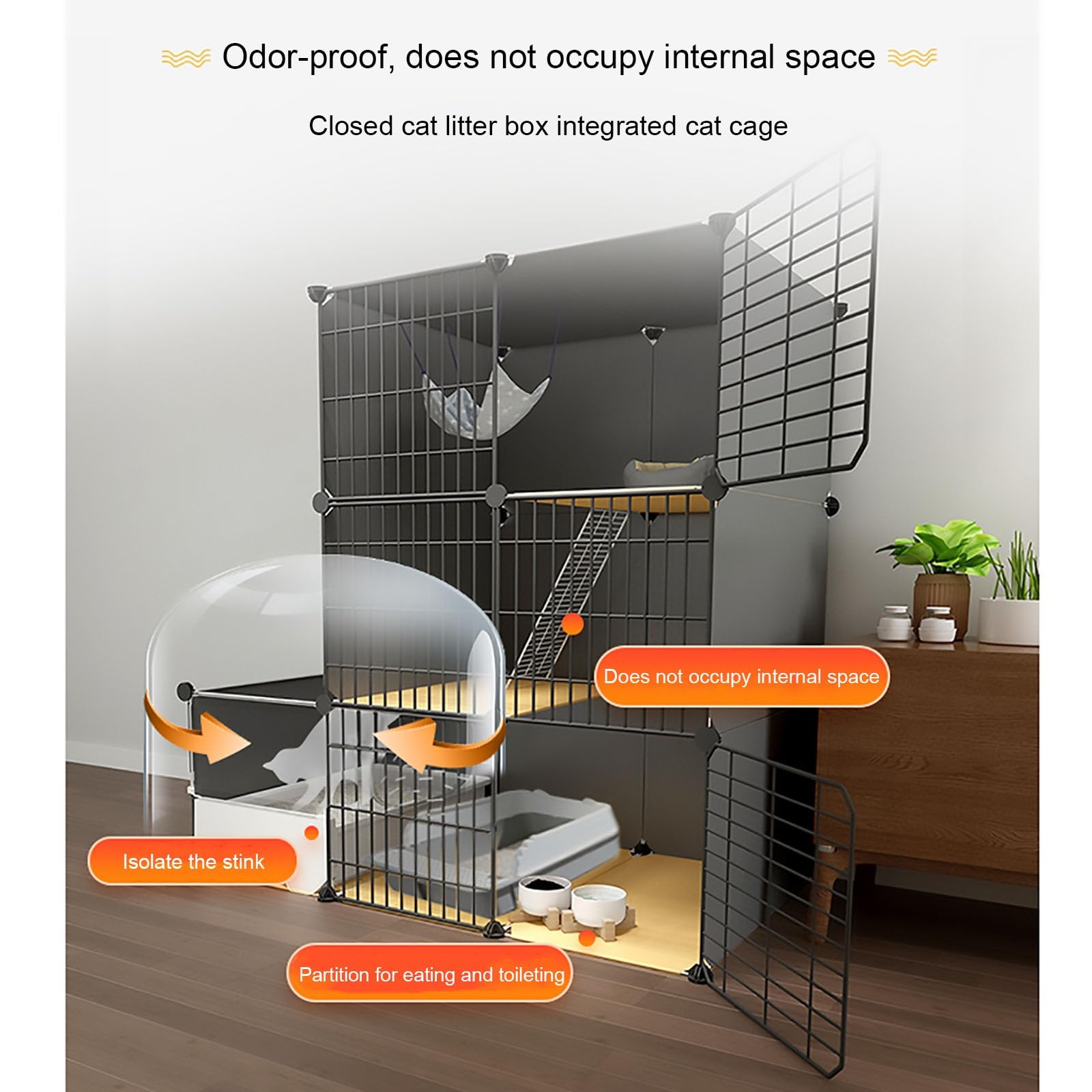 Gabbia per Gatti, Gabbia per Gatti Grande - Box per Gatti Fai-da-Te a 2 Livelli per Interni con lettiera Integrata, Design spazioso per Gatti (Dimensioni: Nero 111x95x75) - Perfetto per l'us