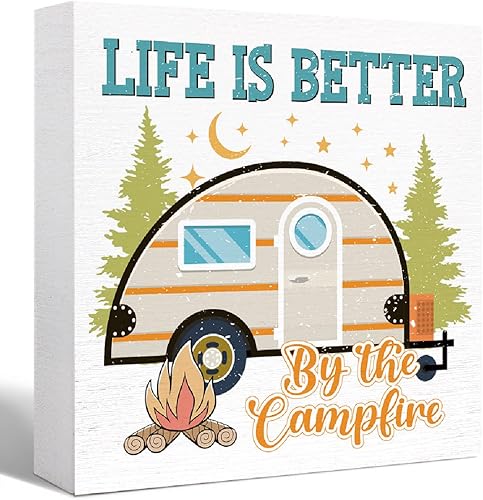 Cartel divertido de madera para acampar, rústico, colorido, Life is Better By the Campfire Wood Block Sign Home RV Camper Decor, accesorios de