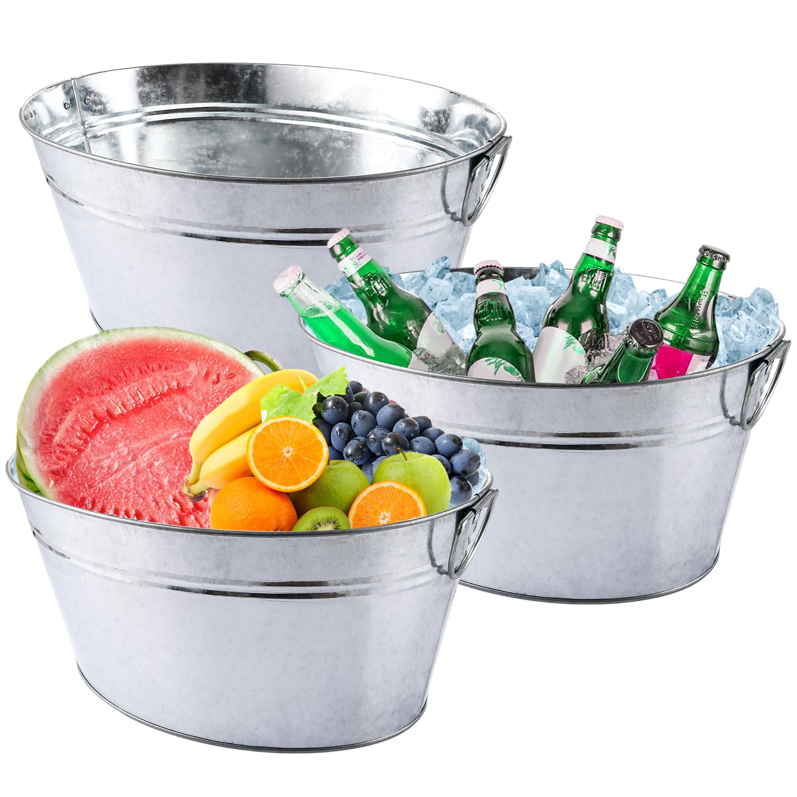 APACALI Lot de 3 bacs à boissons avec anse, bac en zinc avec grattoir à glace, refroidisseur de boisson, seau à champagne étanche, seau à glace pour jardin, fête