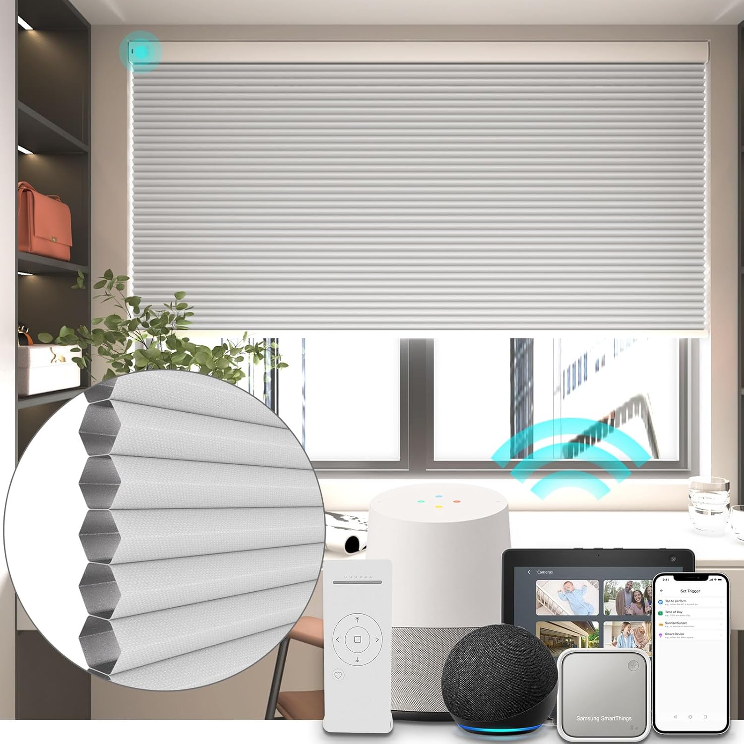 Changshade Motorized Cellular Shade 100% Blackout Compatible with Alexa Google Home SmartThings, Single Cell Electric Blinds Honeycomb Shades with Remote Customized Size Smart Blinds for Windows,White