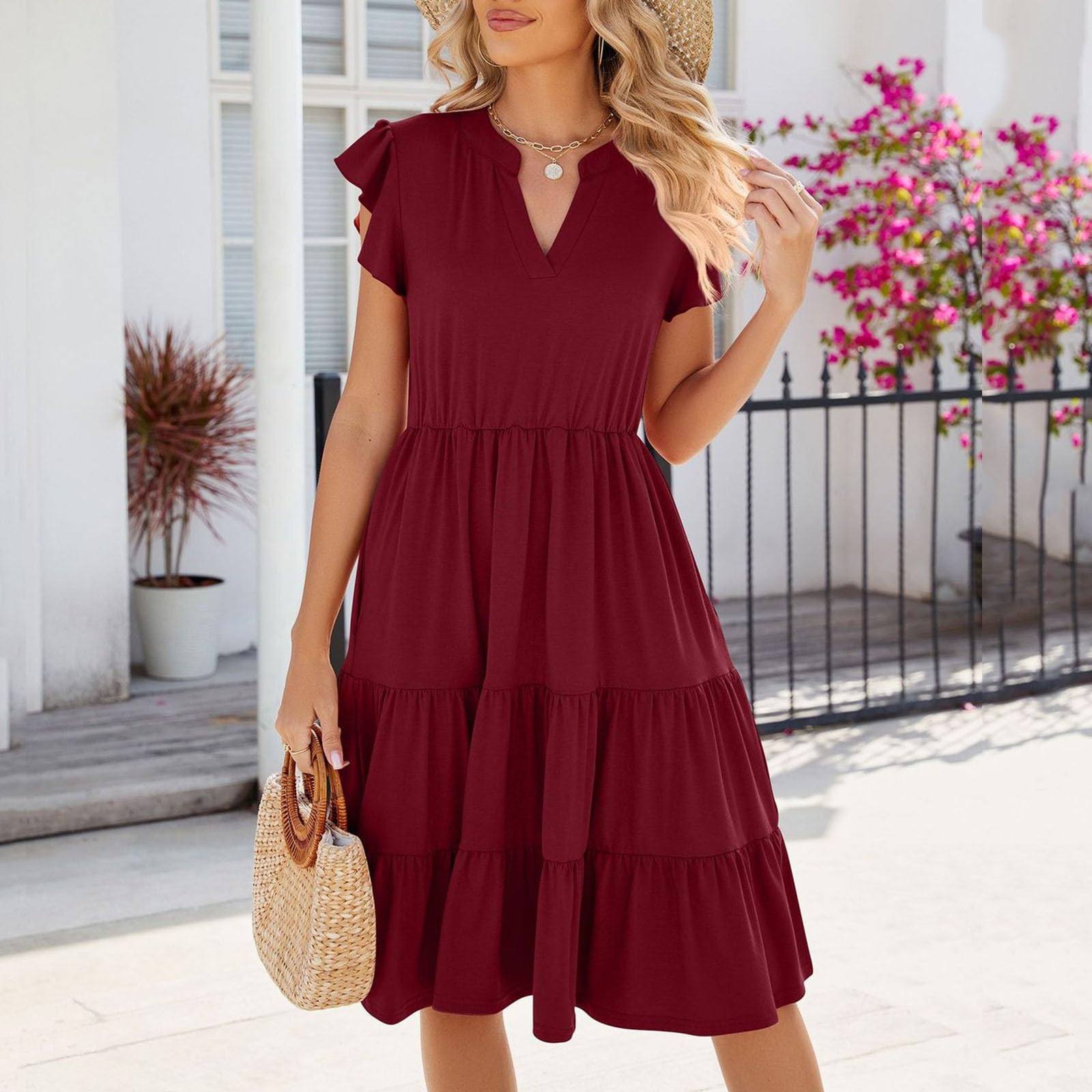 Generisch Vestido camisero casual de manga corta con cuello en V para mujer