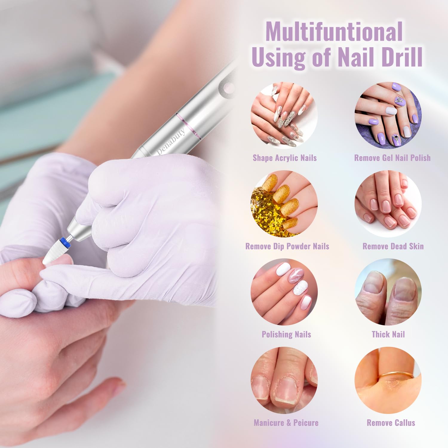 Torno para Uñas Profesional de 35000 RPM, 12 en 1 Lima Eléctrica para Uñas de Gel y Acrílicas, Recargable Torno Sin Cable con 5 Velocidad Ajustable para Manicura y Pedicura Plata