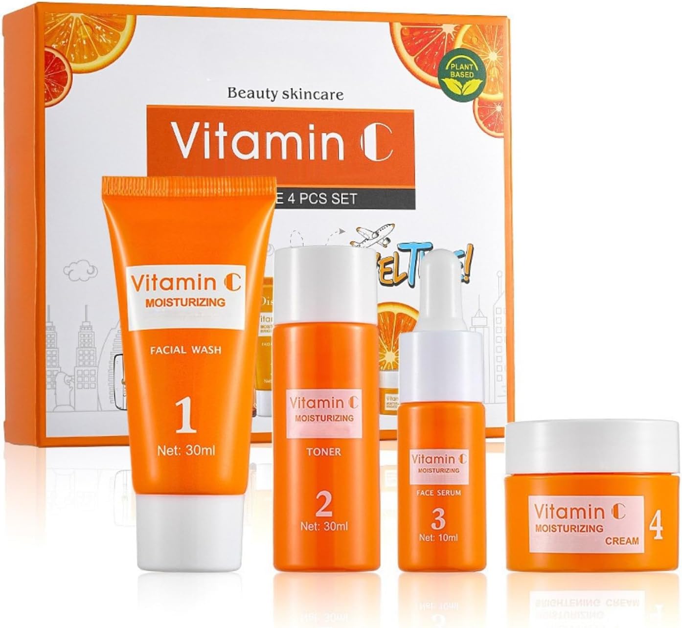 Vitamin C Skincare Set 4 pcs, Skin Care Sets & Kits for Moisturizing, Facial Wash & Toner & Serum & Cream, Skin Care for Teenage Girls, Skincare Gift Set for Women, Airplane-Friendly Sizes