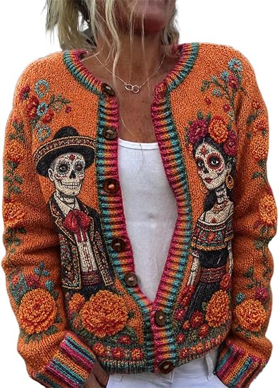 Women's Sugar Skull Knitted Cardigan, Floral Day of The Dead Button Sweater