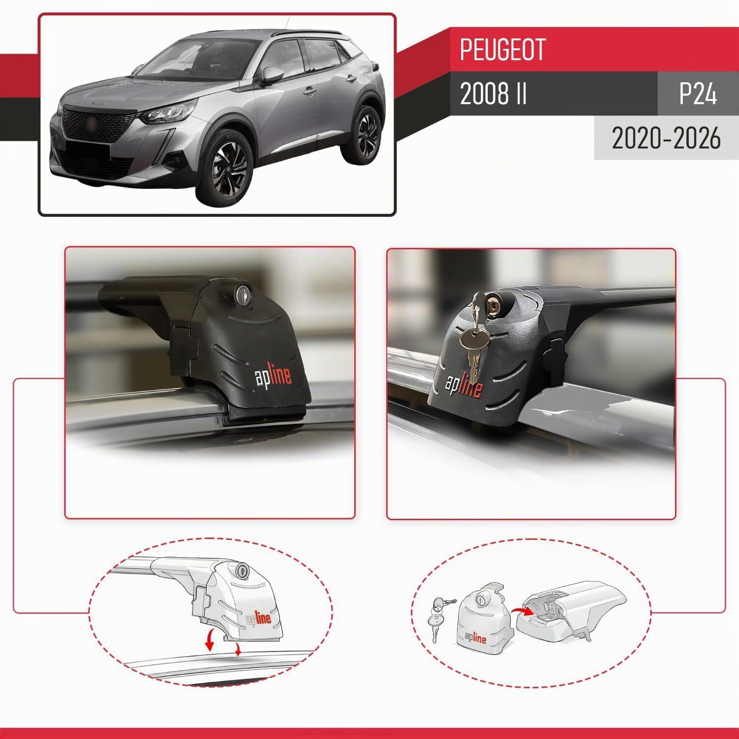 Compatible con Peugeot 2008 II (P24) 2020-2026 Modelo Ace-2 Barra de Techo Auto Portaequipajes Barras Transversales Negro Aluminio 2 Barras