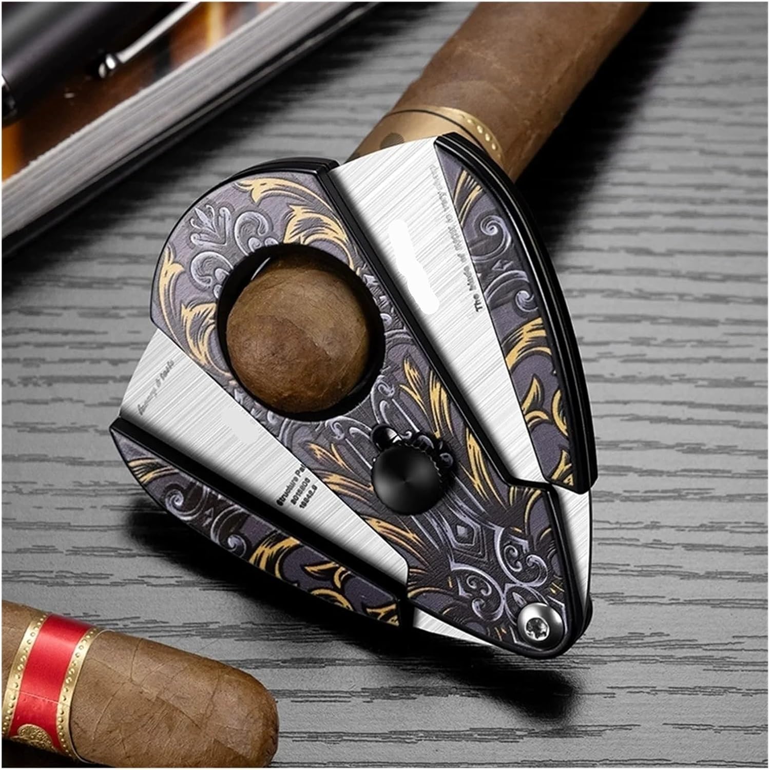 Stainless Steel Cigar Cutter, Professional Precision Double Blade Guillotine, Water-Drop Silhouette Handheld Clipper, Patterned Artistic Metal Accessory(E)