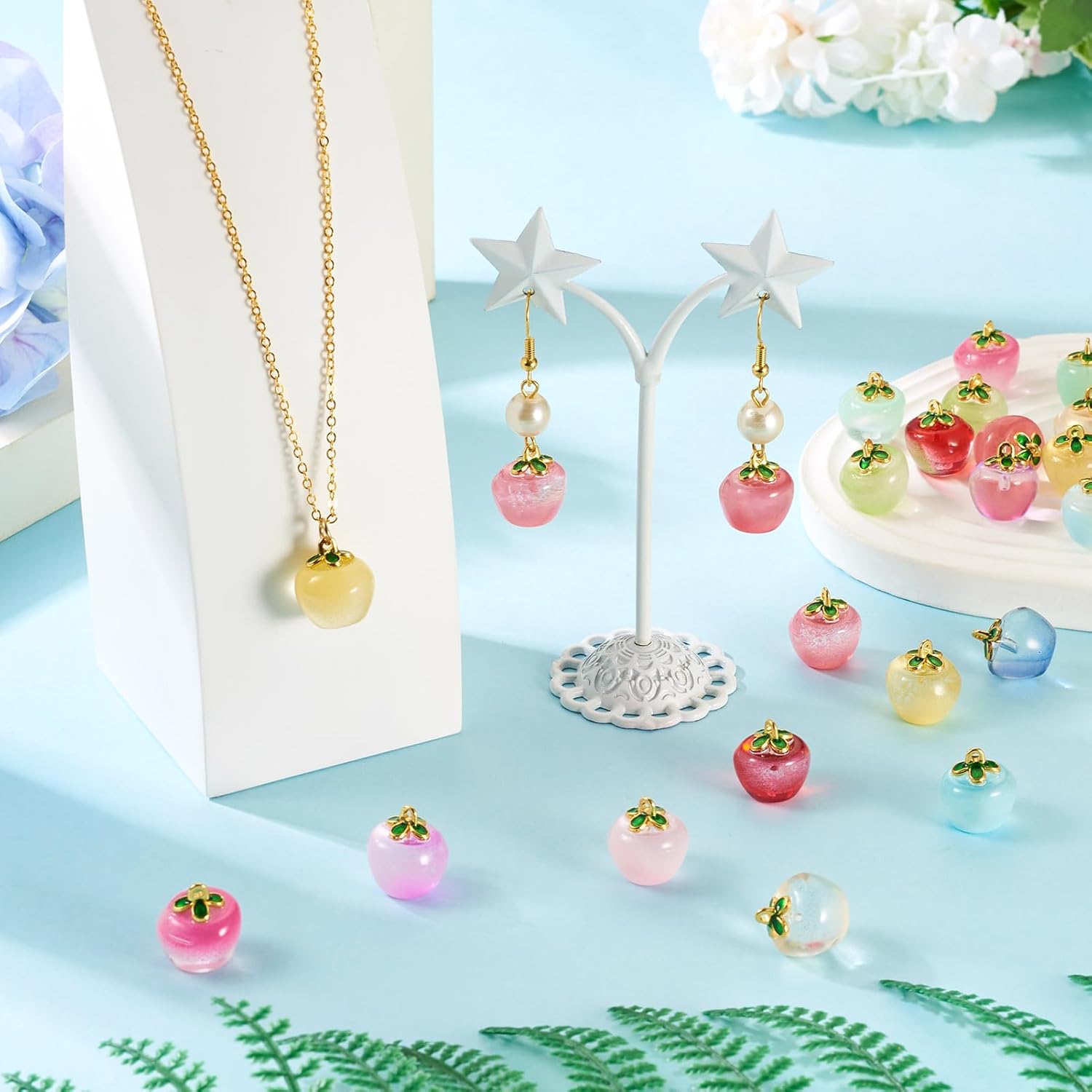 Glass Fruit Charms Colorful Crystal Fruit with Enamel Leaf Charms Handmade 3D Fruits Dangle Pendants Cute Fruits Hang Ornament for DIY Crafts Earring Necklace Keychain Jewelry Making - Image 3