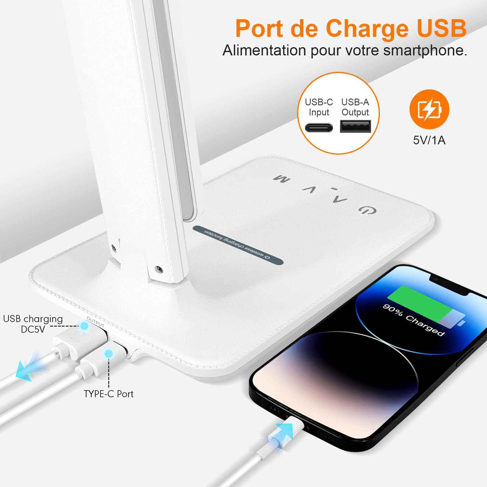 Lámpara de escritorio LED con adaptador, plegable, lámpara de noche regulable con 5 modos de color y 5 niveles de brillo, puerto de carga USB, para lectura de trabajo (blanco, pro)