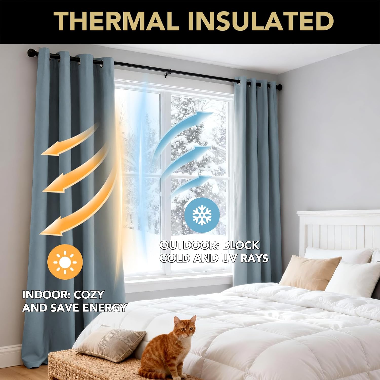 PrinceDeco 100% Blackout Curtains for Bedroom 63 Inches Long, Grommet Living Room Drapes, Thermal Insulated Blackout Curtains 2 Panels Set,Jacquard-Woven,55" W x63 L, Stone Blue