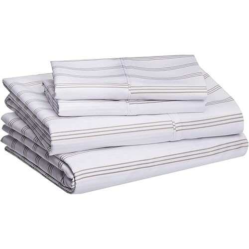Amazon Basics Lightweight Super Soft Easy Care Microfiber Bed Sheet Set with 14" Deep Pockets - Cal King, Taupe Stripe