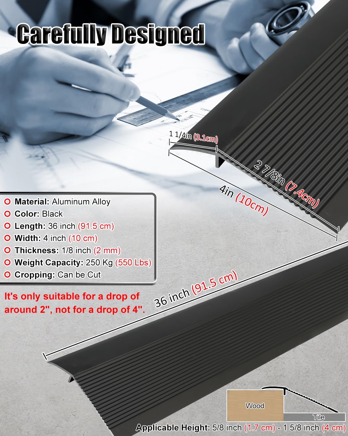 4 inch Floor Transition Strip Threshold Ramp Aluminum, 36'' Thresholds Reducer for Doorways Wheelchair Tile Wood Floors, Extra Wide Metal Black Entry Door Edge Trim Flute