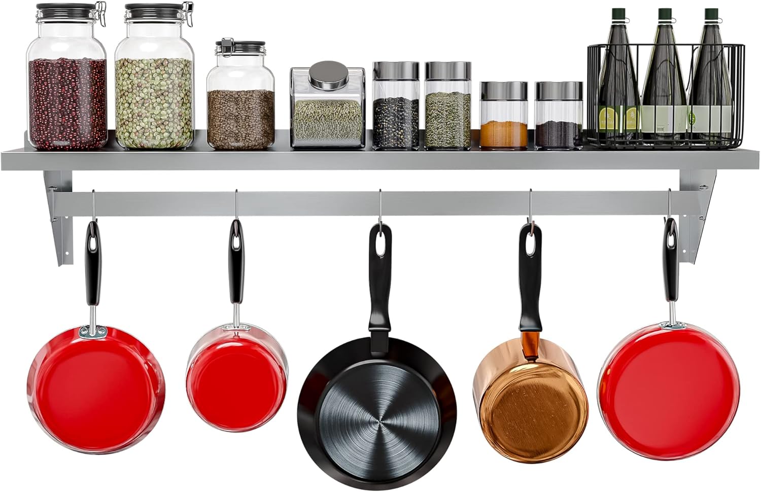 Koolmore Commercial Wall Mounted Pot Rack Organizer Shelf with 5 Removable Storage Hooks for Pots and Pans, Utensils, Kitchen Cooking Accessories, Stainless-Steel Holder (WMPS-1260), 12'' X 60''