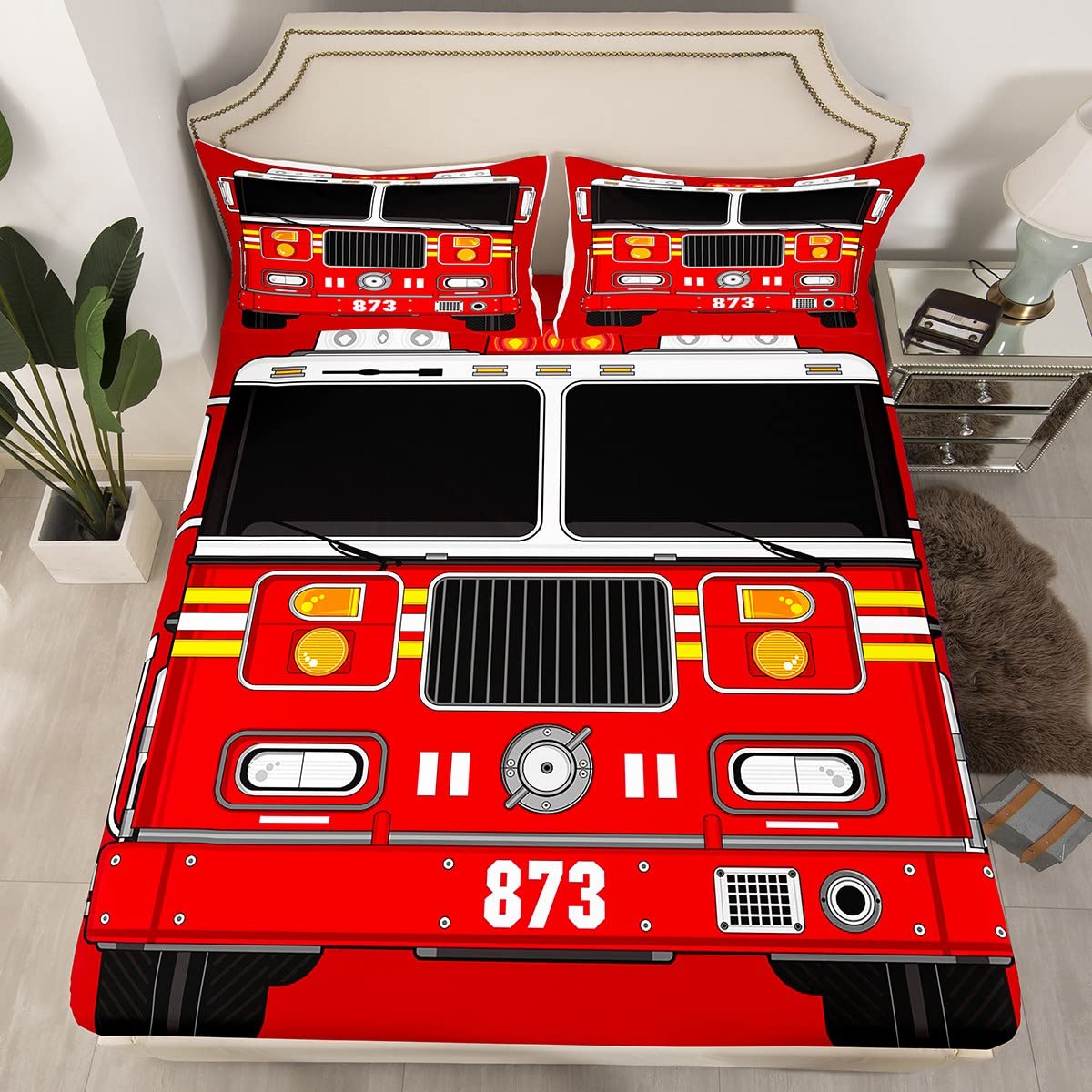 Linge de lit camion de pompiers King Size en tissu doux facile à laver