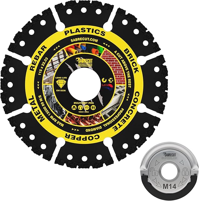 SabreCut VB115MUGRB 115mm (4.5") x 22.23mm Bore Vacuum Brazed Multi Material Cutting Angle Grinder Diamond Disc Blade & 45mm M14 Quick Change Heavy Duty Grinder Locking Retaining Flange Nut Kit