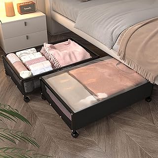 2 Stück Unterbett Aufbewahrungsbox, Unterbettkommode Mit Rollen, Bettkasten Mit Rollen, Metallrahmen Bettkasten Organizer Aufbewahrungstasche für Kleidung, Schuhe, Decken, Bettwäsche