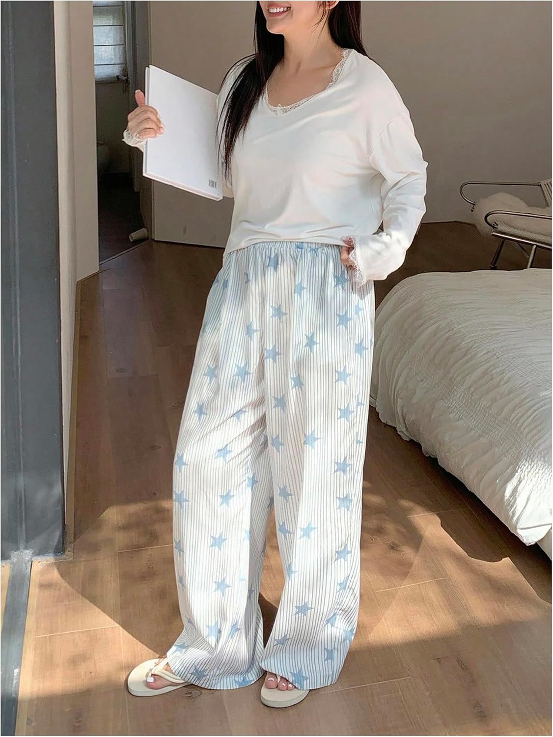 SHENHE Women's Plus Size Striped Pajama Pants Elastic Waist Wide Leg Lounge Pants Sleep Bottoms